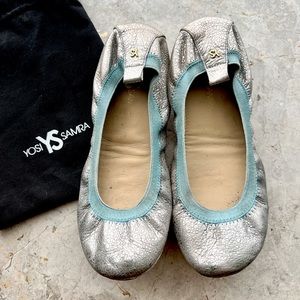 Yosi Samra Foldable Textured Ballet Flats Ice Blue Metallic Silvery Blue